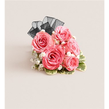 Pink Spray Rose Corsage-Black Bow