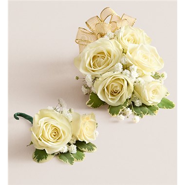 White Spray Corsage & Bout -Gold Bow