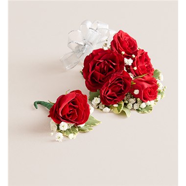 Red Spray Corsage & Bout -Silver Bow